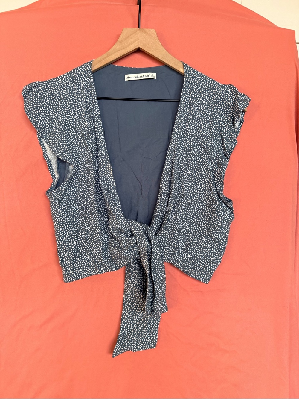 Abercrombie & Fitch Blue Polka Dot Tie Front Crop Top Ruffle Sleeve S